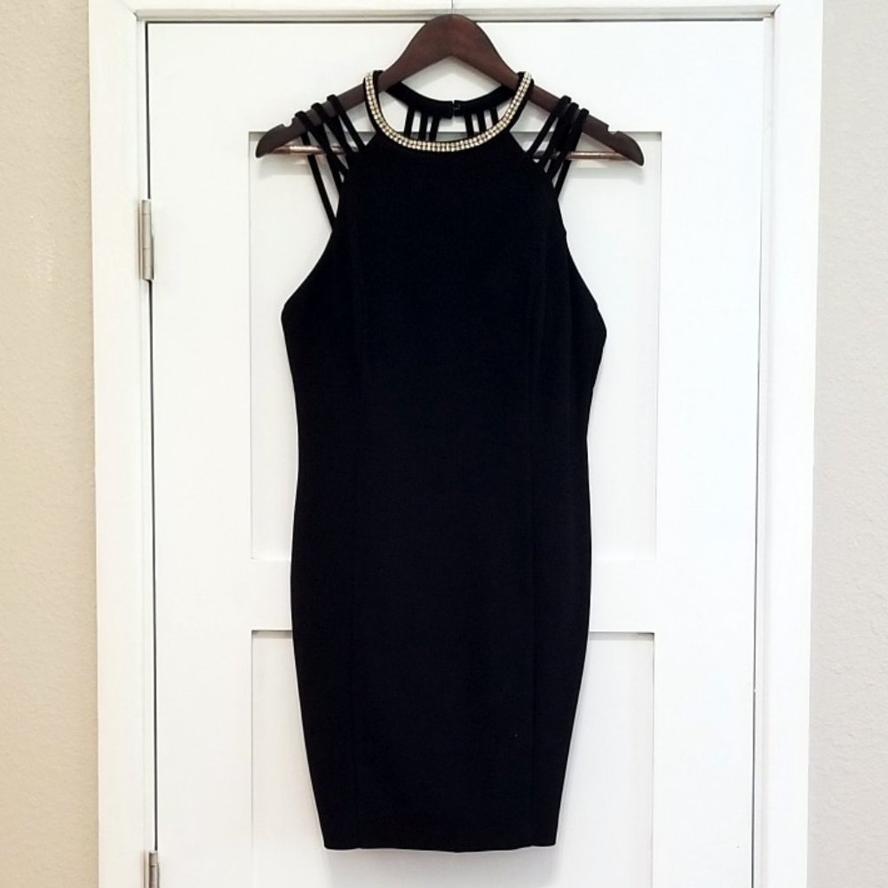 Strappy Black Mini Dress w/Rhinestone Collar L